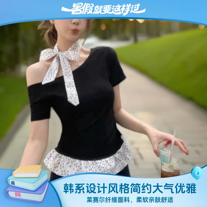 ins风韩系假两件波点荷叶边短袖上衣女夏装斜肩性感修身tY5540