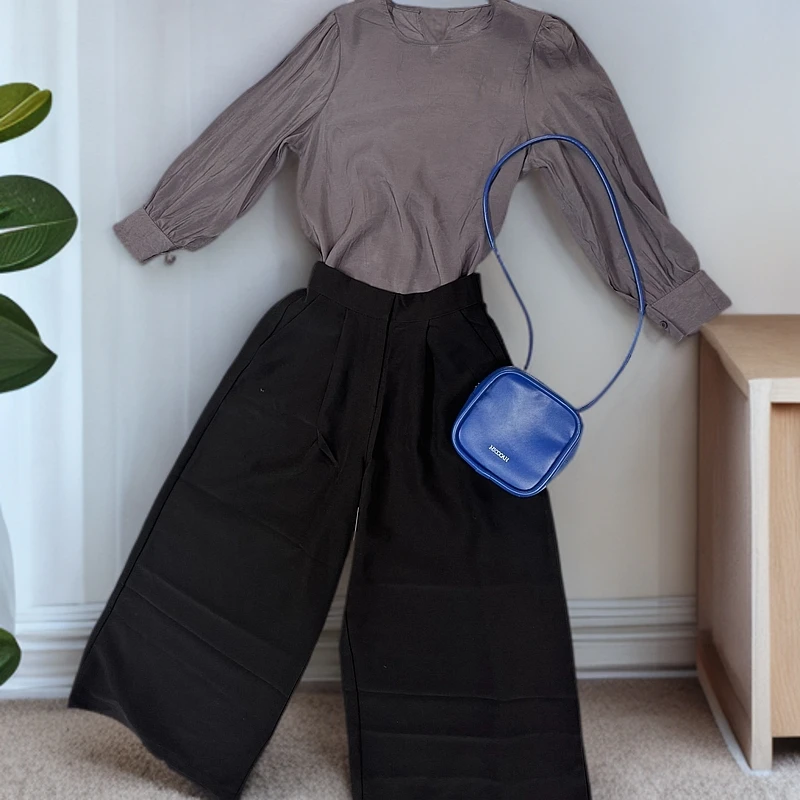 时尚休闲裤秋季直筒裤日系直筒吸汗无弹力百搭纯色阔腿裤透气套装