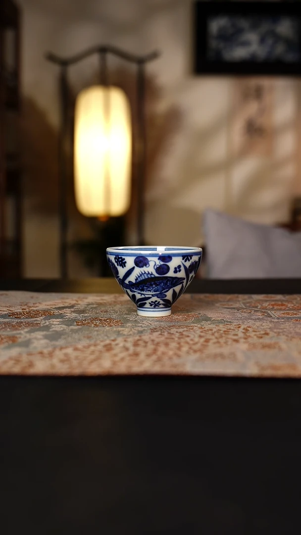 元黛工坊青花鱼藻鸡心杯