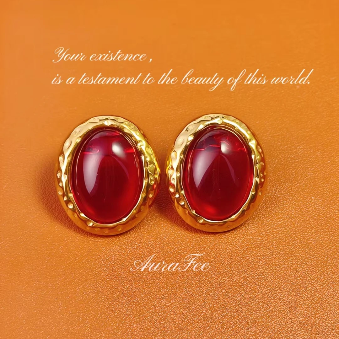 铜合金耳饰 K004/设计师款捶打纹椭圆耳钉红色高级/K004