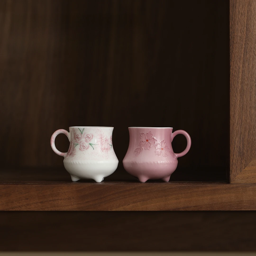 宜物宜心云霞紫三足茶杯有田烧浮雕手绘品茗杯功夫茶具茶具主人杯
