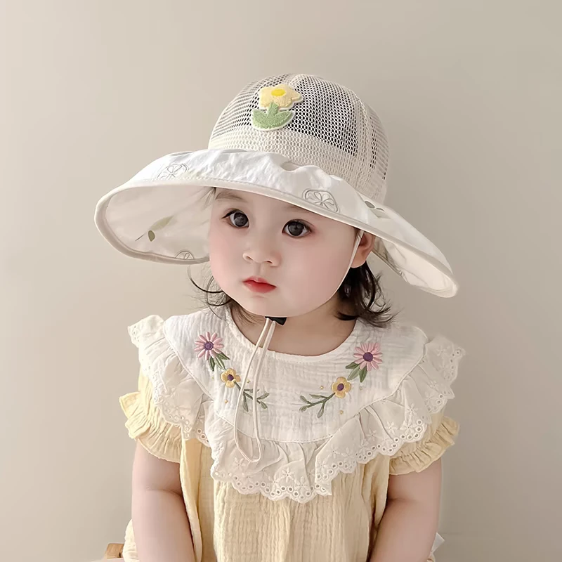儿童帽子夏季薄款透气网眼大帽檐遮阳防晒帽女宝宝甜美渔夫盆帽潮