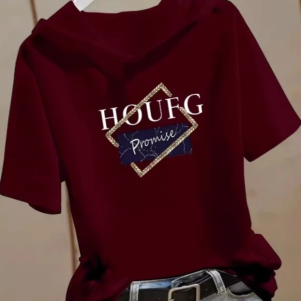 欧货纯连帽短袖T恤女夏季爆款宽松时尚轻奢名牌帽衫带帽上衣