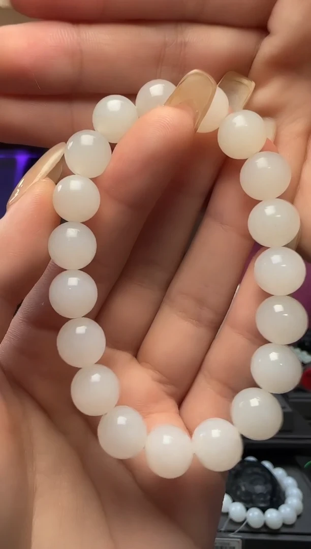 和田玉未镶嵌颈饰白玉圆珠手串