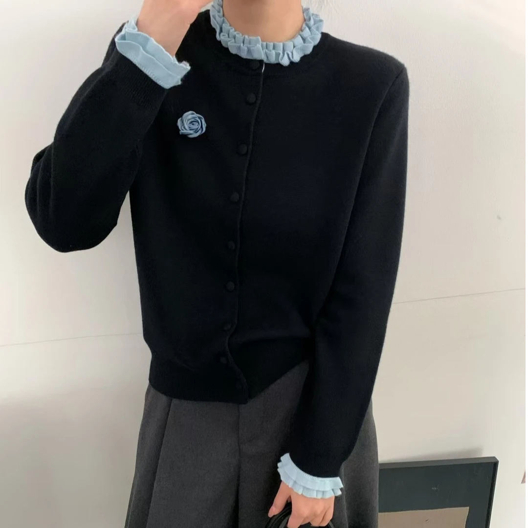 【老板娘专属】时尚百搭高品质超细羊毛撞色花边领针织开衫1116款