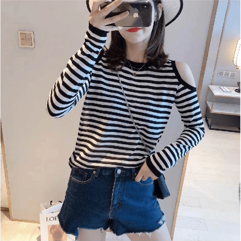 纯棉设计感长袖T恤女秋季新款时尚显瘦小个子条纹露肩打底衫上衣