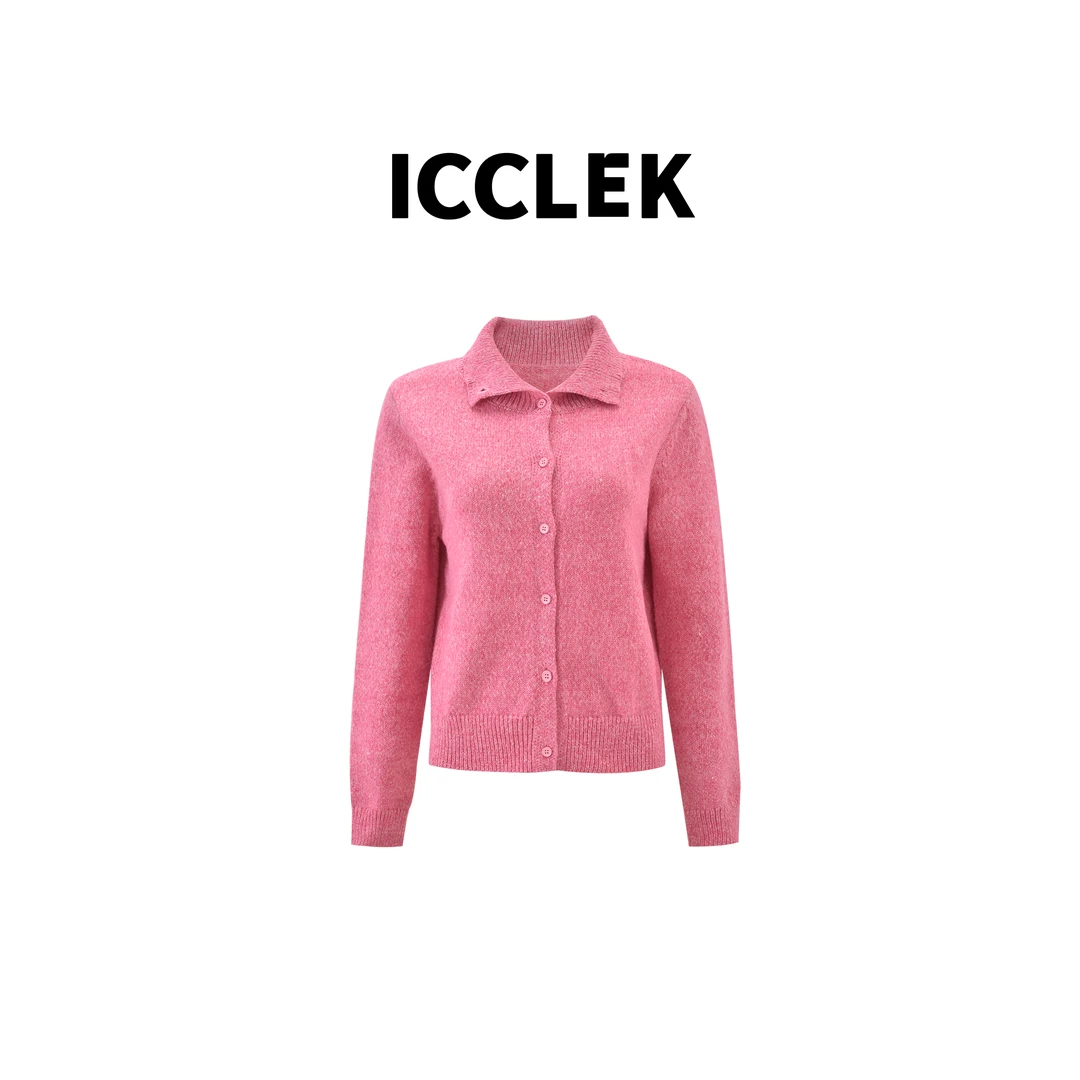 ICCLEK  粉色翻领纽扣长袖针织衫轻奢百搭上衣外套时尚减龄- 9405