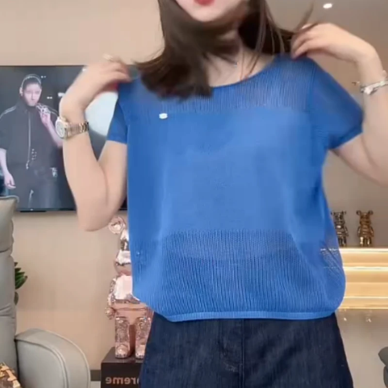 夏季镂空女纯色短袖毛针织衫时尚宽松针织衫套头显瘦上衣圆领