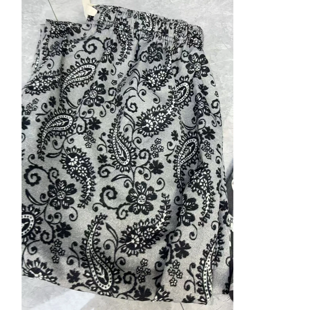 三色复古花藤雪纺裤