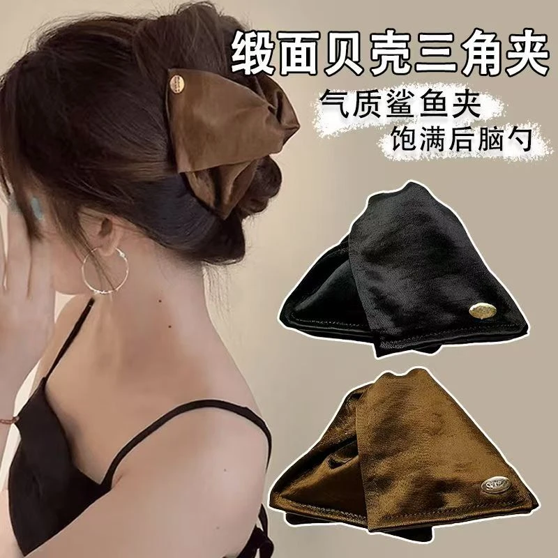 【Muusu】新款复古蝴蝶结发卡高级感缎面贝壳抓夹百搭三角发饰