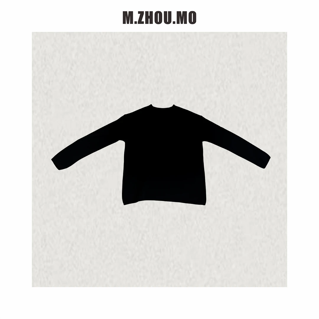 M.ZHOU.MO 极简 卷边 小圆领 黑色套头羊毛衫