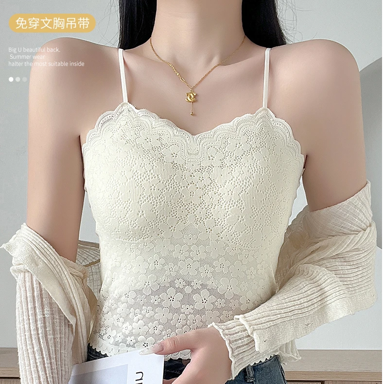 女士吊带打底美背蕾丝花边春夏背心性感聚拢带胸垫显瘦