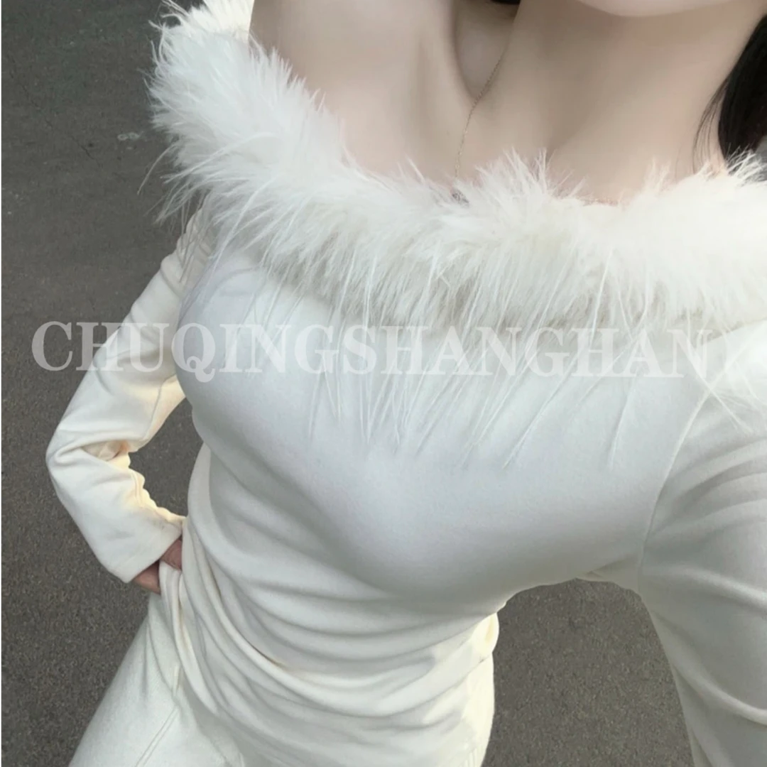 性感斜肩一字肩小众时尚毛领德绒打底衫