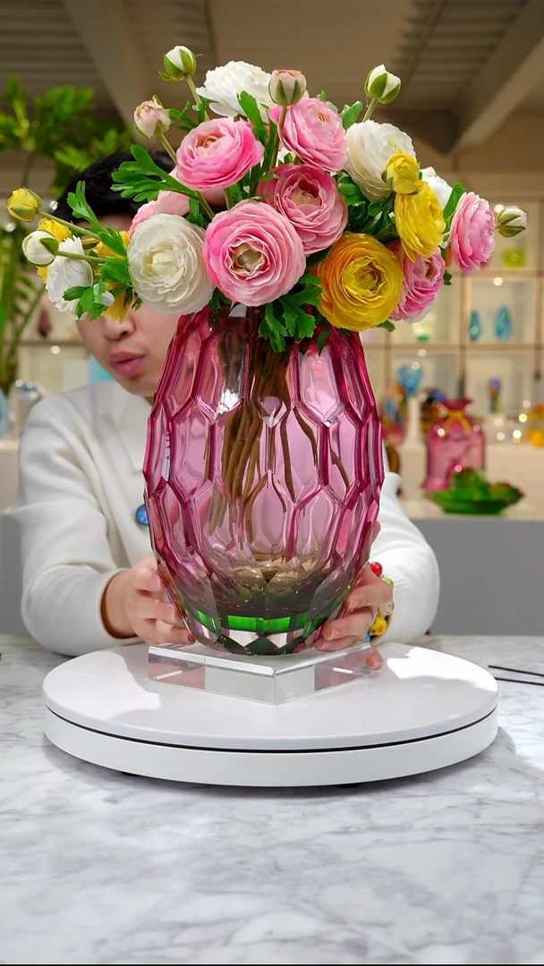 手工艺品琉璃金红绿凹切面设计款花器