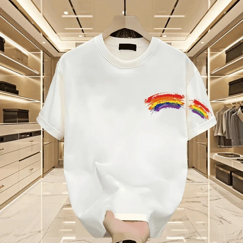 仓石一树彩虹印花短袖t恤男生夏季简约情侣装宽松百搭透气半袖潮