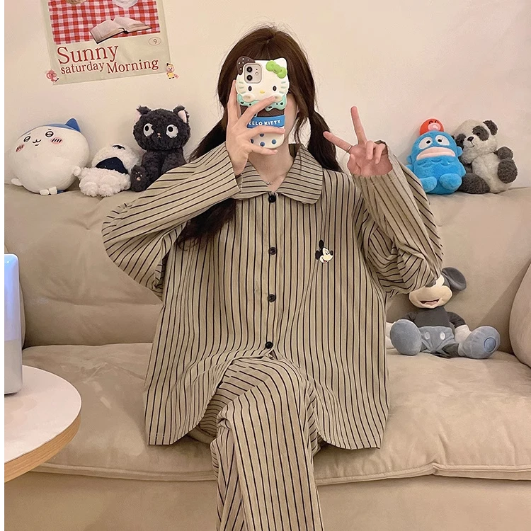 条纹米奇情侣睡衣女韩版洋气云朵棉长袖长裤男士宽松可外穿家居服