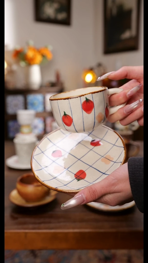 陶瓷便携款粗陶草莓咖啡杯碟 一套