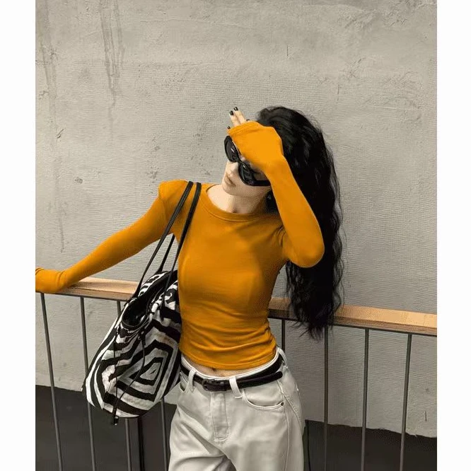 秋装!多色圆领经典款上衣显瘦长袖打底衫直角肩显瘦纯色百搭T恤女