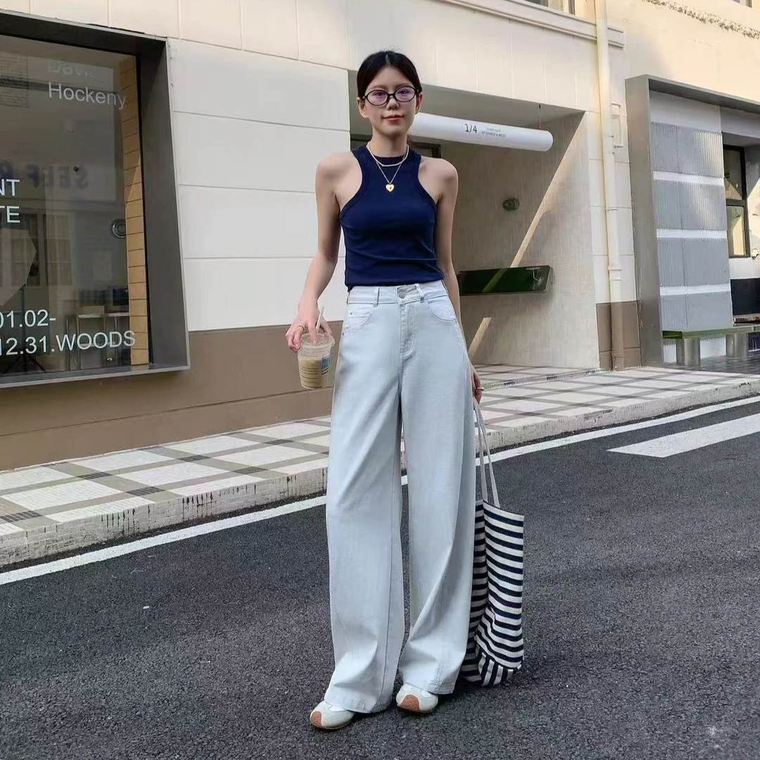 【老板娘】25年新款阔腿裤显瘦蓝色高腰宽松拖地裤休闲时尚时尚白色