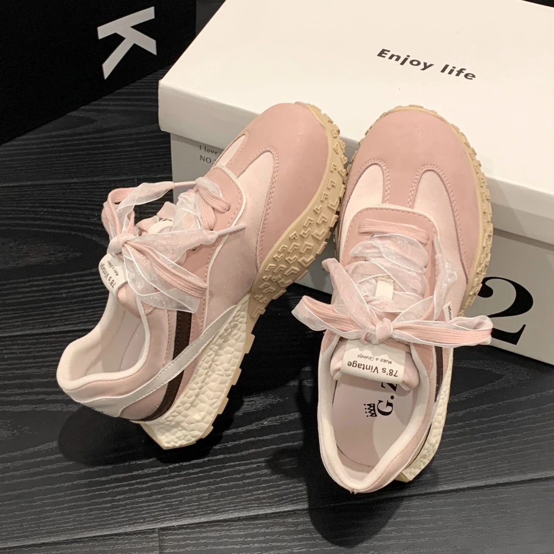 真皮厚底粉色德训鞋女2025春季新款轻便休闲百搭老爹鞋阿甘运动鞋