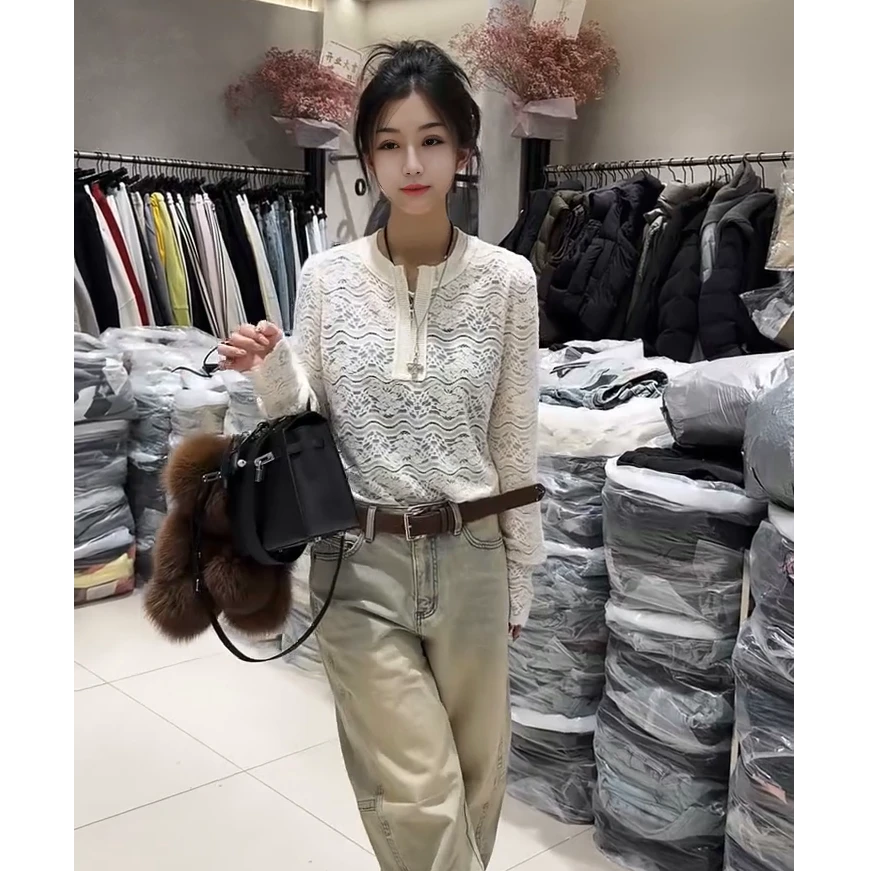 女落肩袖针织小香风半拉链圆领毛针织衫上衣百搭提花时尚