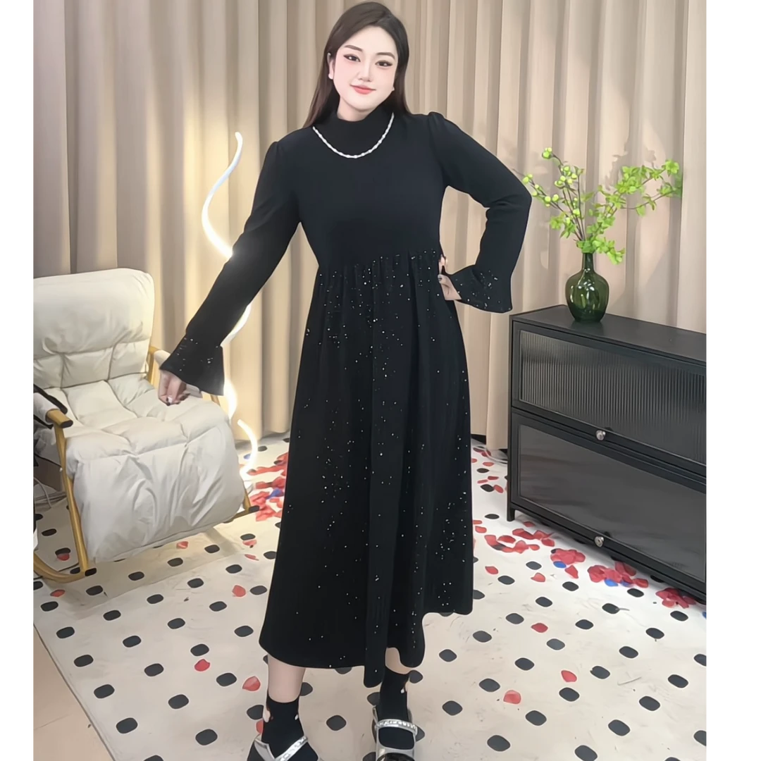 大码女装新款贵气掐腰小黑裙气质连衣裙秋冬显瘦长袖赫本风011