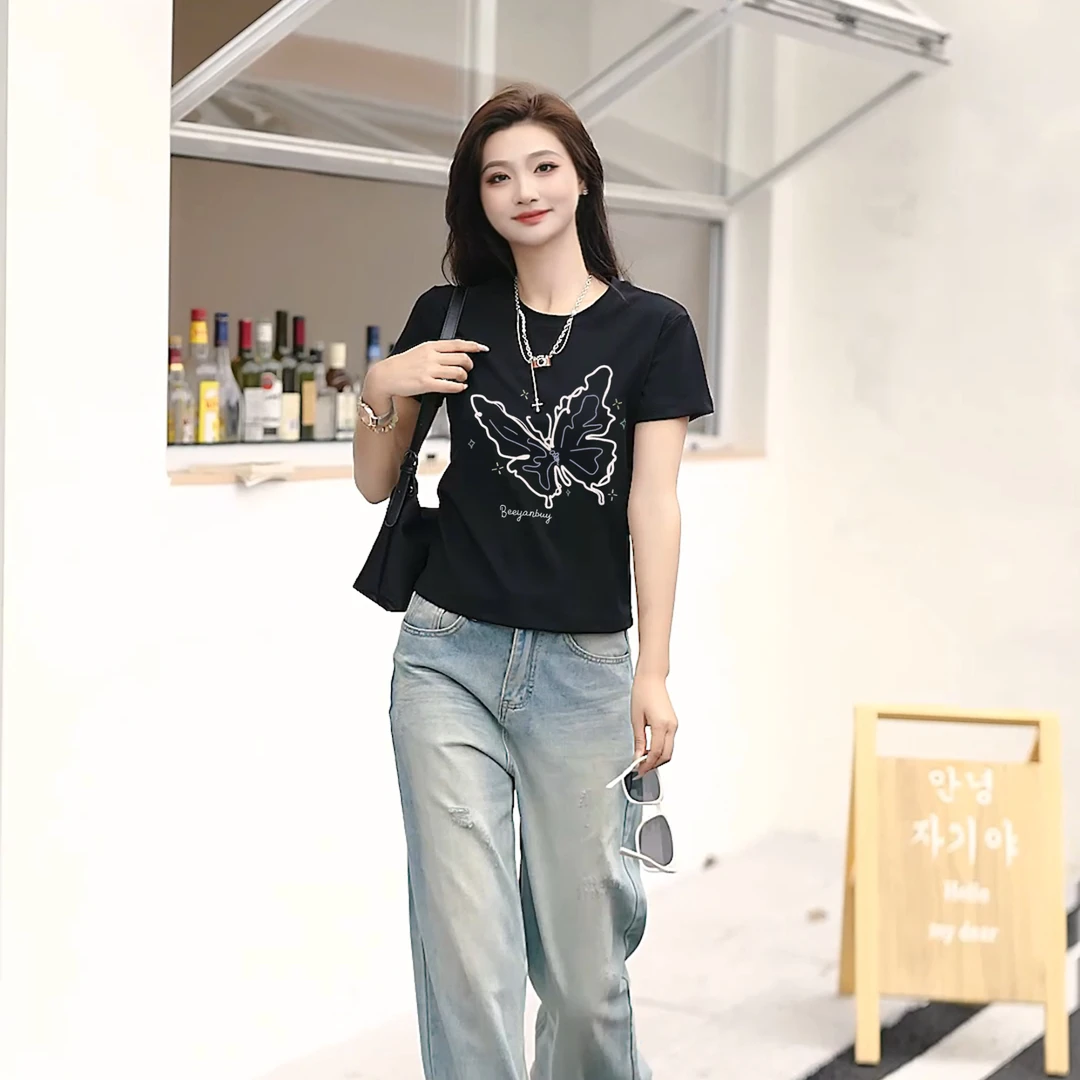 【轻氧棉】蝴蝶印花短袖女2025t恤女款正肩休闲时尚夏季圆领百搭