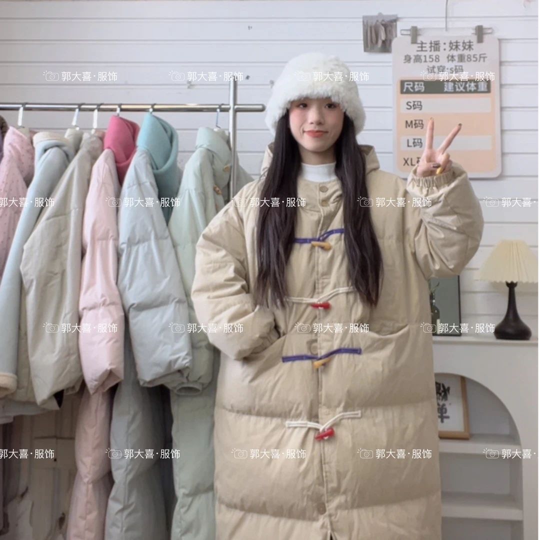 女长款韩版牛角扣宽松连 帽棉外套