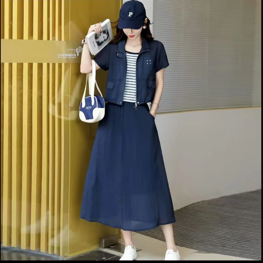 99夏季新款时尚简约设计翻领短袖上衣吊带宽松休闲半身裙三件套