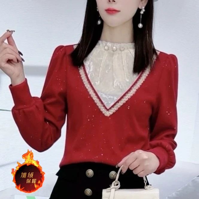 2025冬季新款保暖独特漂亮小衫洋气上衣加绒加厚法式蕾丝拼接打底