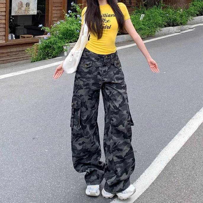 美式工装多口袋复古迷彩牛仔2025夏季新款宽松阔腿拖地裤高街