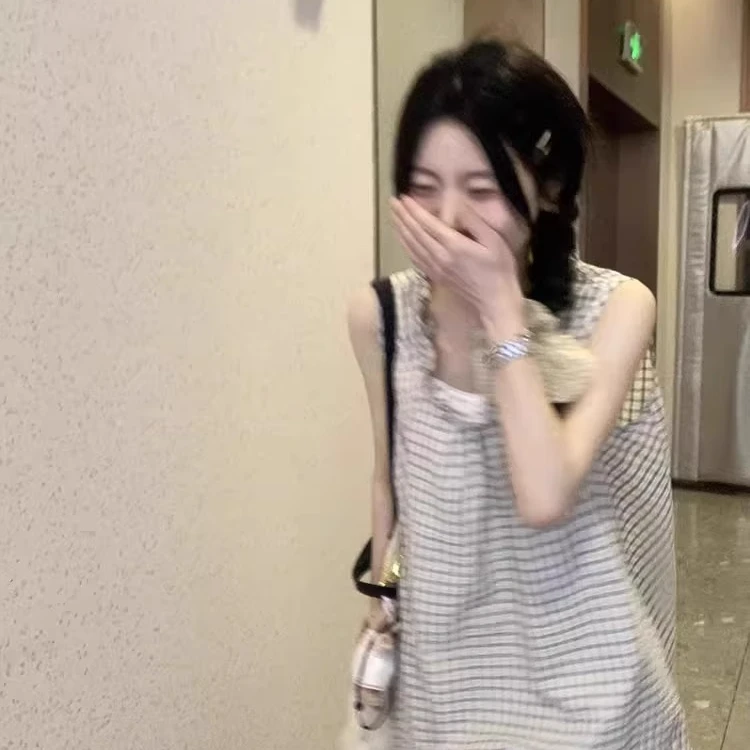 韩系慵懒风格子拼接花边无袖背心衬衫女2025夏季松弛感漂亮上衣潮