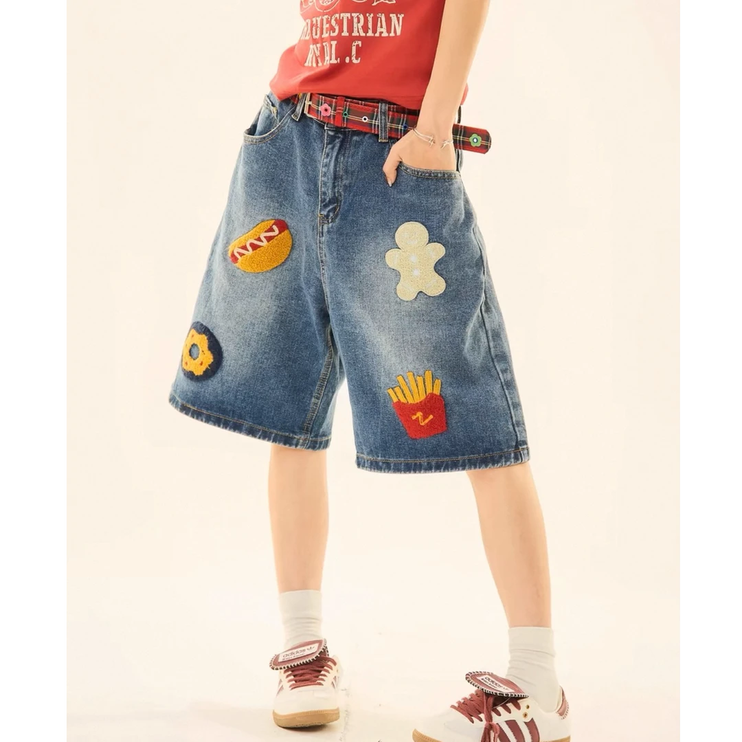 美式复古汉堡薯条毛巾绣牛仔短裤男女情侣夏季宽松阔腿直筒五分裤