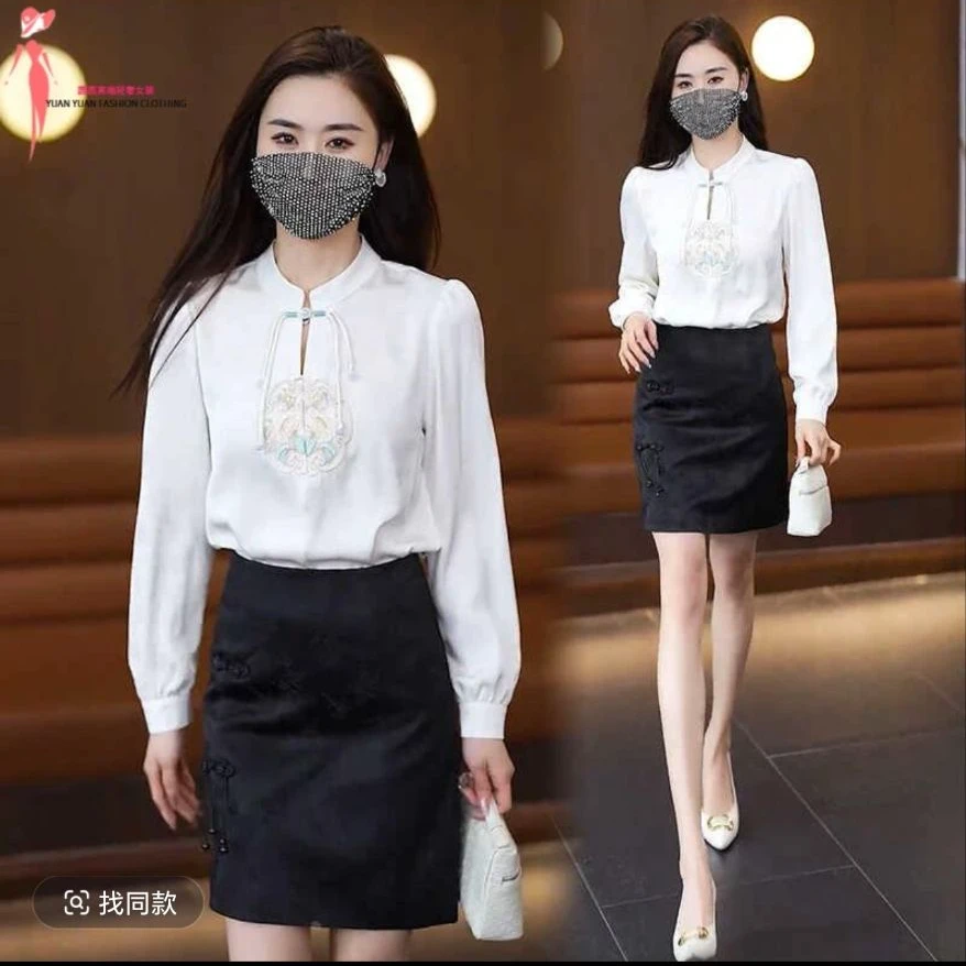 3332AA早秋新款时尚网红职业洋气国风小衫衬长袖上衣女显瘦洋气