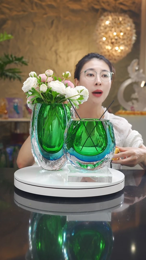 琉璃手工艺品福利蓝绿花瓶一对