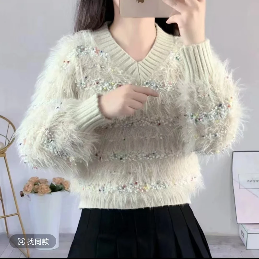 2031【流苏彩点V领】新款气质复古时尚温柔百搭长袖针织衫2031