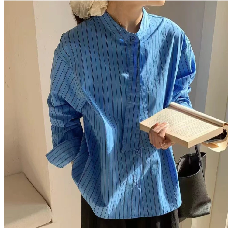 回馈！法式蓝色条纹衬衫女春秋小众独特别致上衣气质叠穿小衫2025