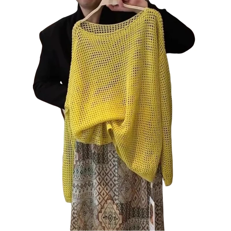 实物太美！不能错过！黄色镂空针织衫长袖t恤女高级感好看百搭上衣