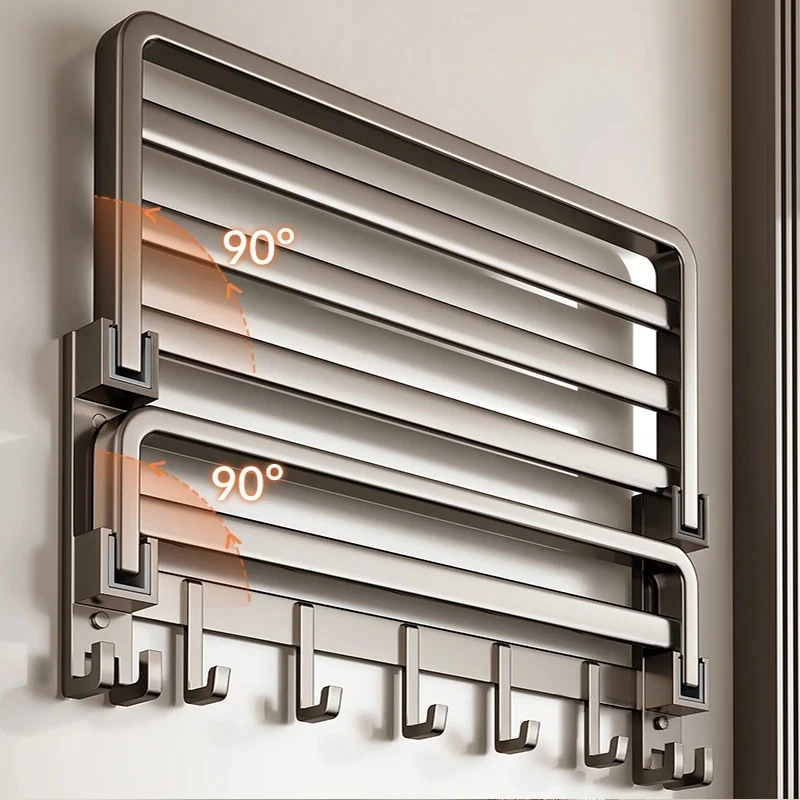 浴室置物架免打孔浴巾架加固太空铝毛巾架折叠一体卫生间毛巾挂架