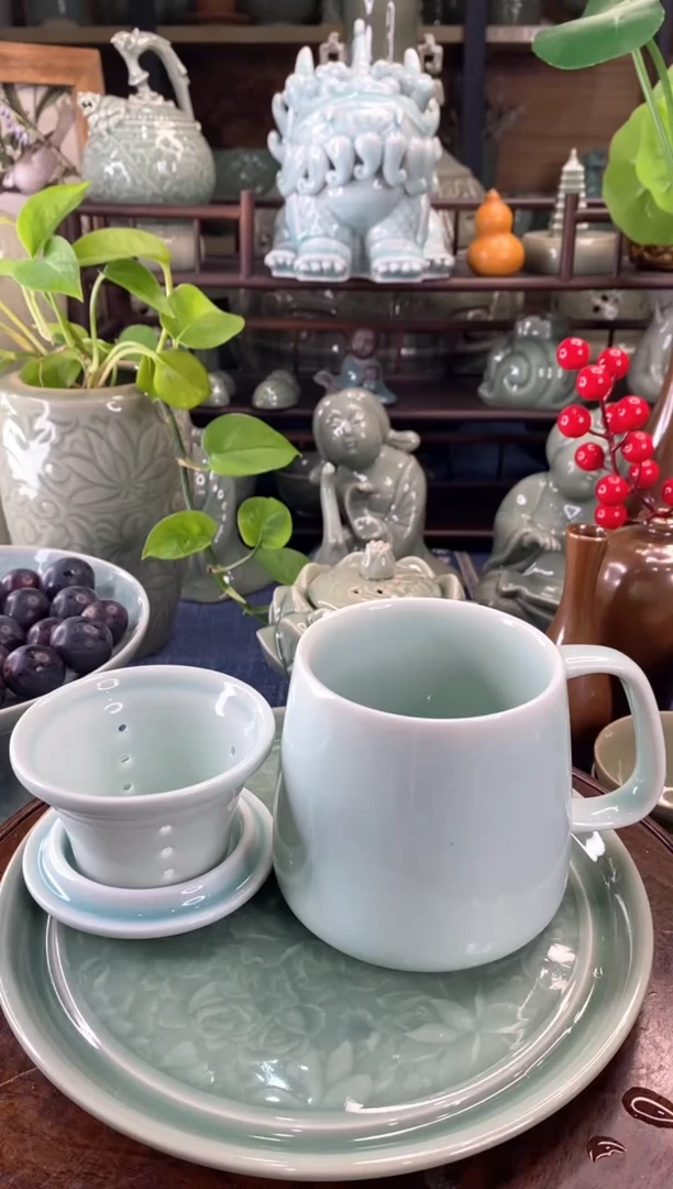 耀州窑 微瑕 天青牡丹素面茶漏杯【b000119】1只