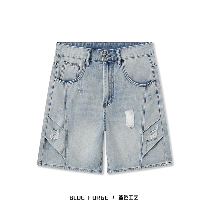 夏季【天丝牛仔】薄宽松短裤破洞柔软休闲男生重工水洗牛仔工装中裤