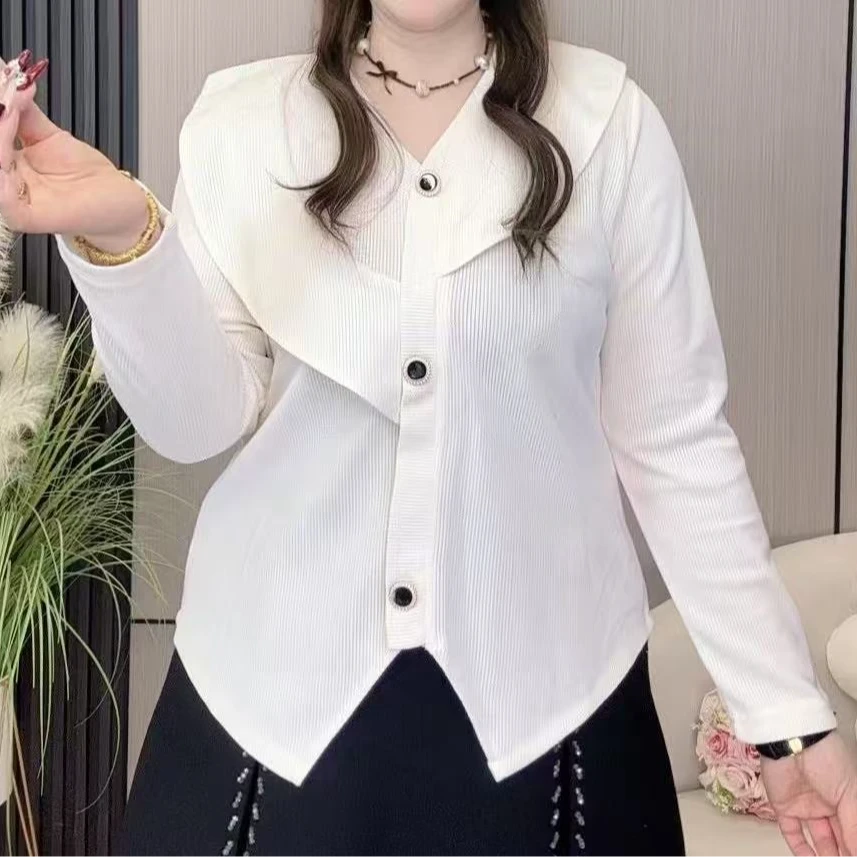 2025新款春季打底衫不规则荷叶V领长袖上衣显瘦百搭时尚纽扣女装