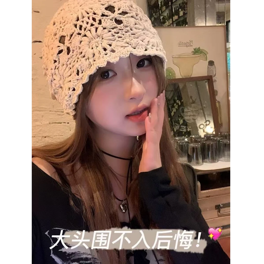 兔途爱2025新款手工编织包头帽子女薄款镂空复古针织帽堆堆帽