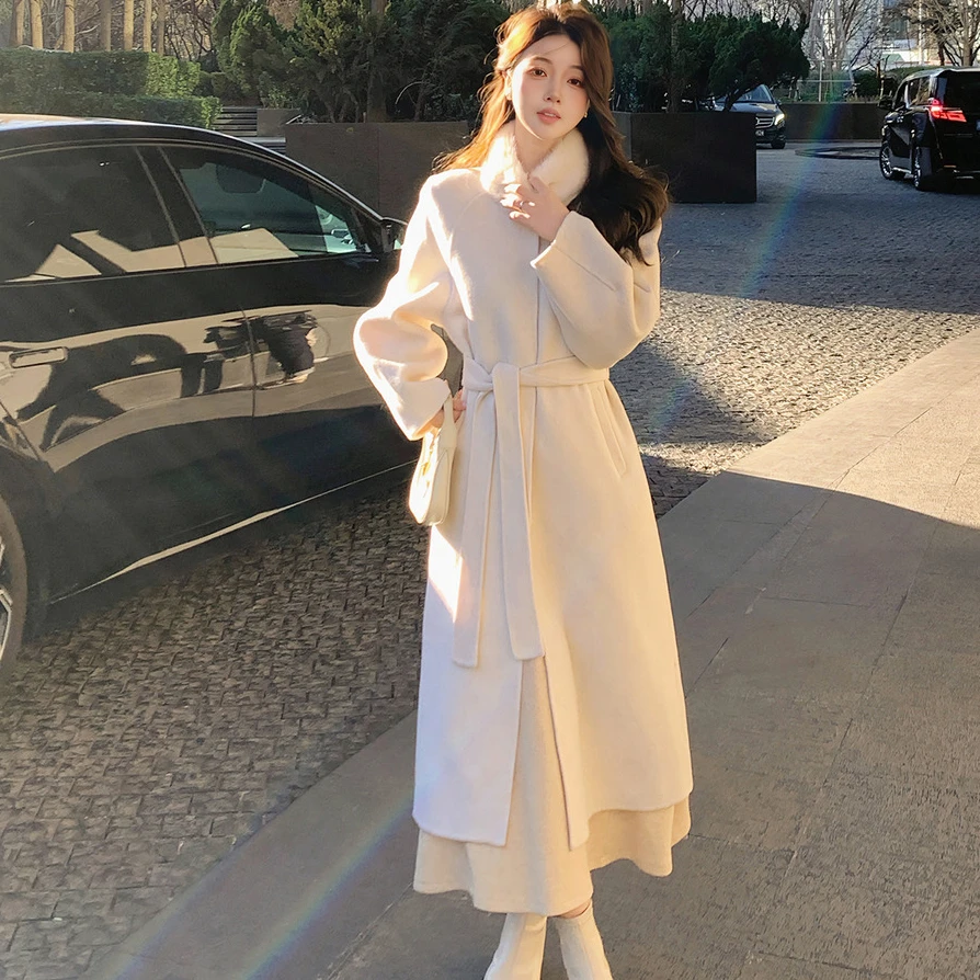 Huangzuozuo佐佐家小个子羊毛气质长款系带双面呢大衣冬季女外套