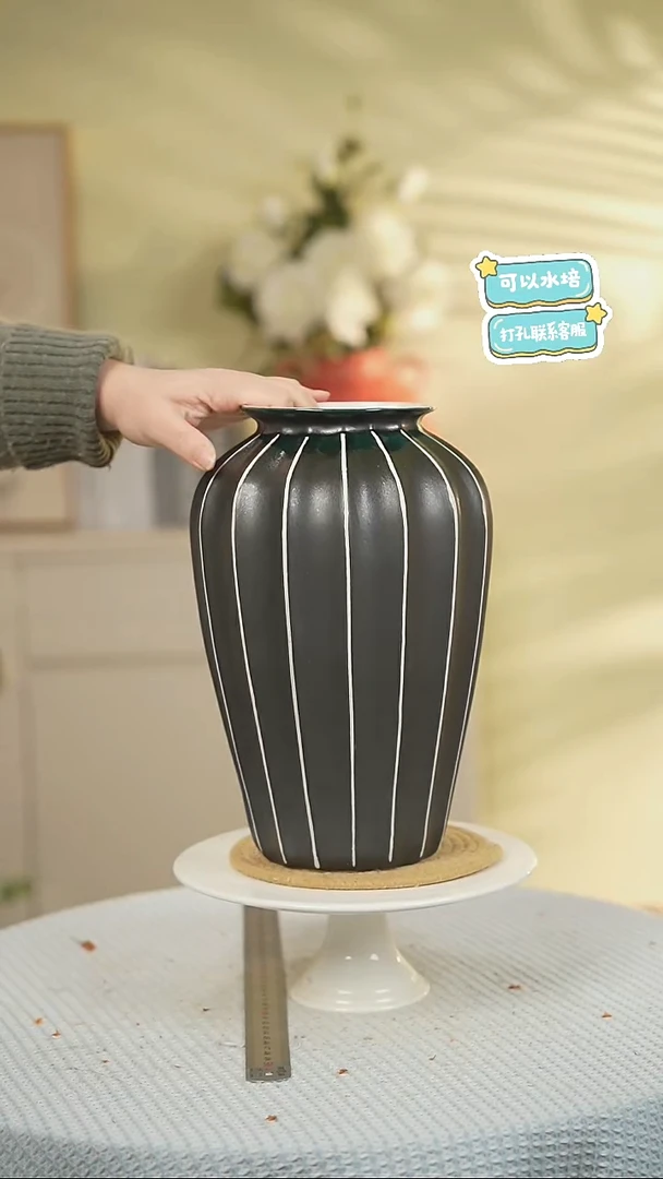 黑色八角瓶景德镇高端陶瓷花瓶家居水培插花瓶