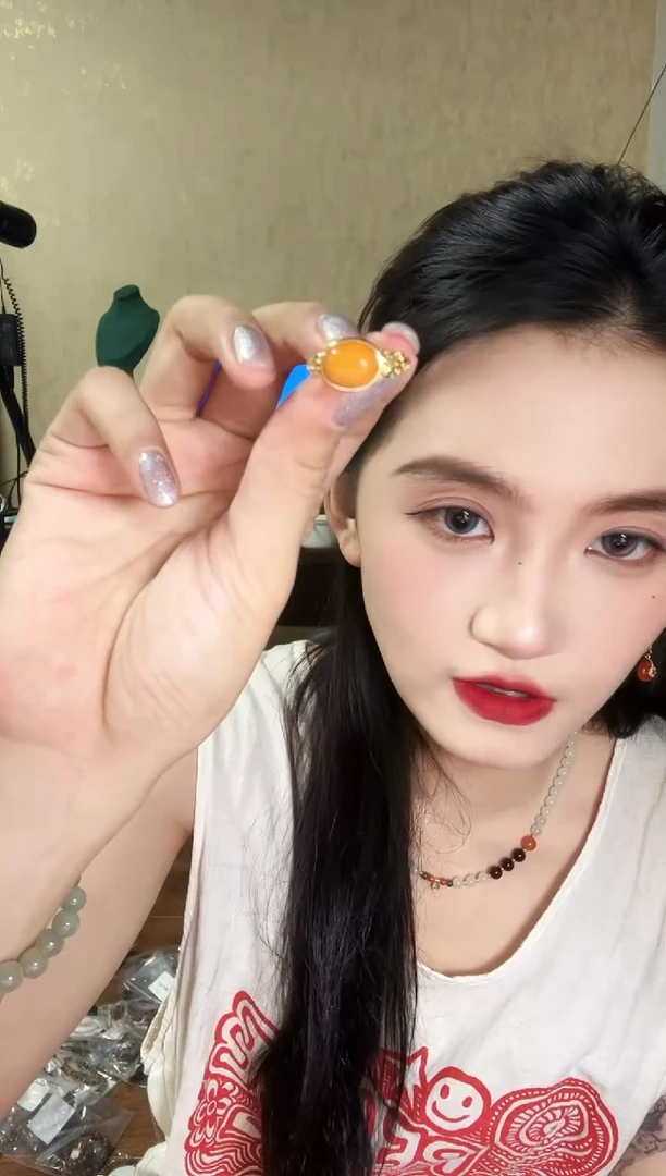 蜜蜡银S925镀金镶嵌戒指蜜蜡横版戒指