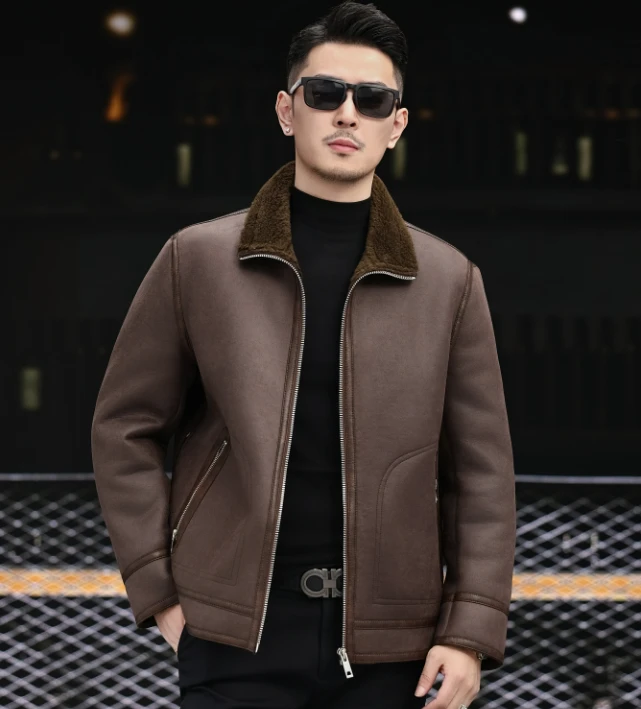 100%羊毛新款一体机车服复古休闲男士保暖时尚皮夹克外套【5816】