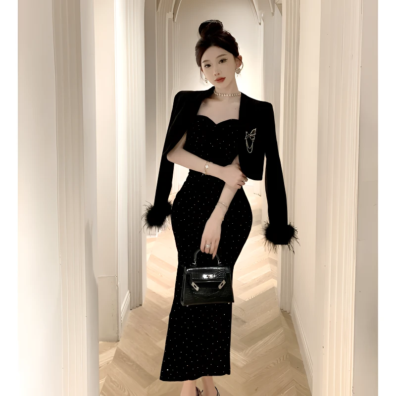 千金风丝绒吊带连衣裙收腰高级感毛毛袖西装外套法式气质纯欲套装