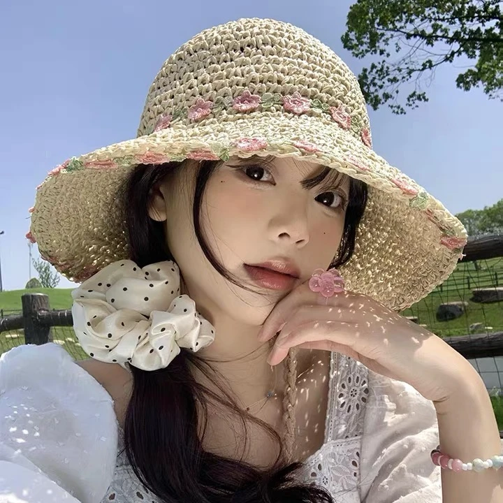 田园风夏季渔夫草帽大帽檐女度假可折叠草编防晒遮阳太阳帽帽子