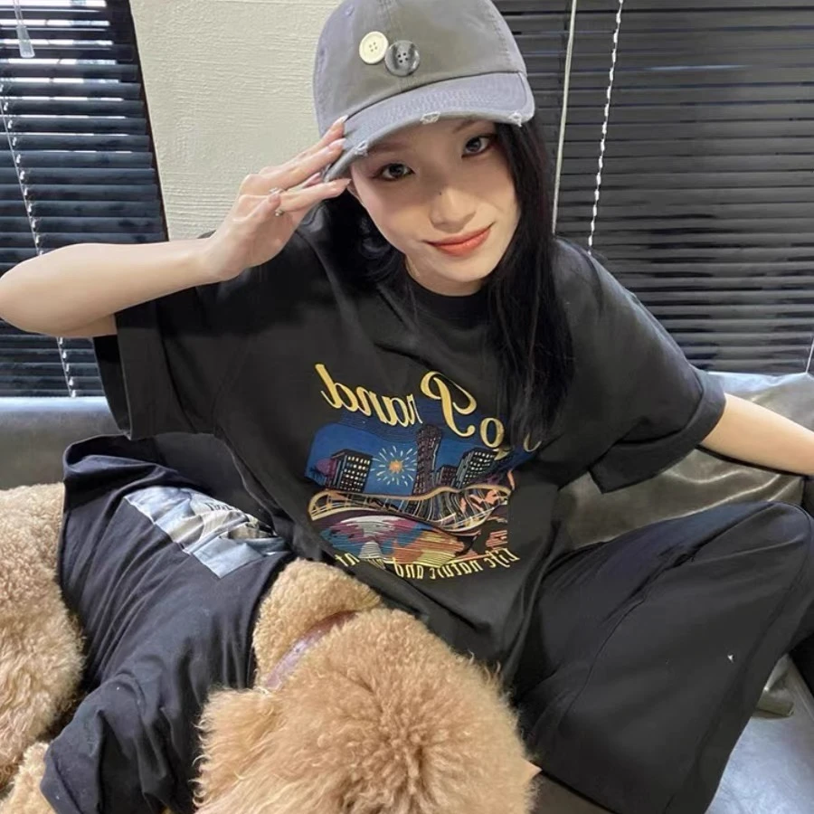深灰色印花t恤女夏季夏设计感小众美式复古正肩半袖体恤